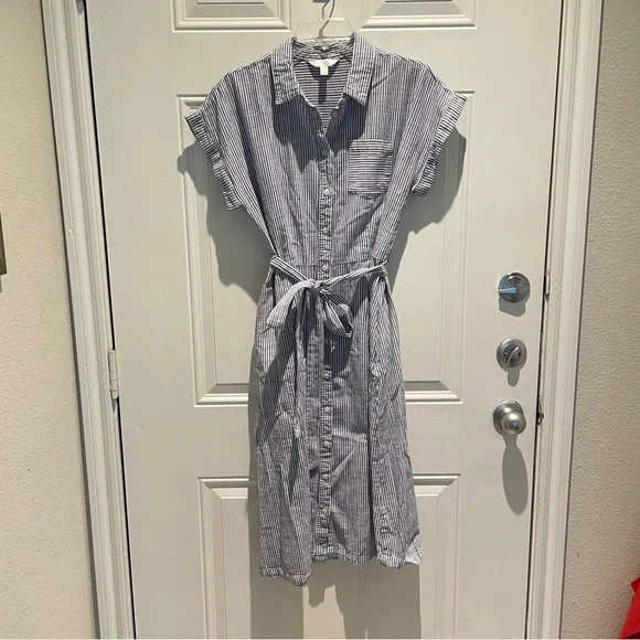Time and Tru Blue White Striped Midi Shirt Dress Size Medium Tie Waist A-Line - Picture 1 of 11